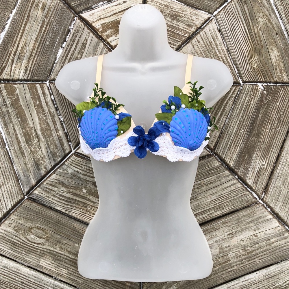 Blue Mermaid Seashell Seaweed Bra Top Costume